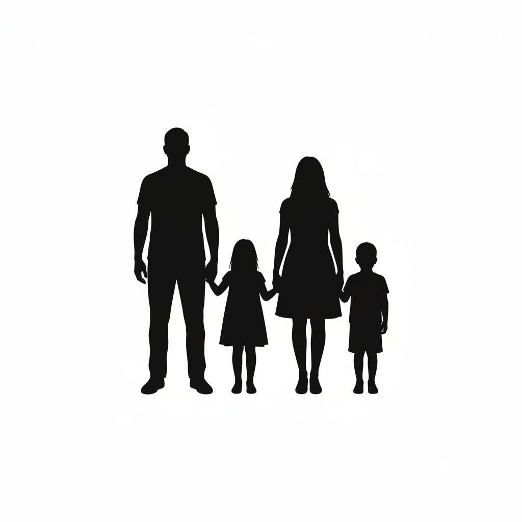 Silueta negra de una familia compuesta por un padre, una madre, una hija y un hijo tomados de la mano sobre un fondo blanco.
