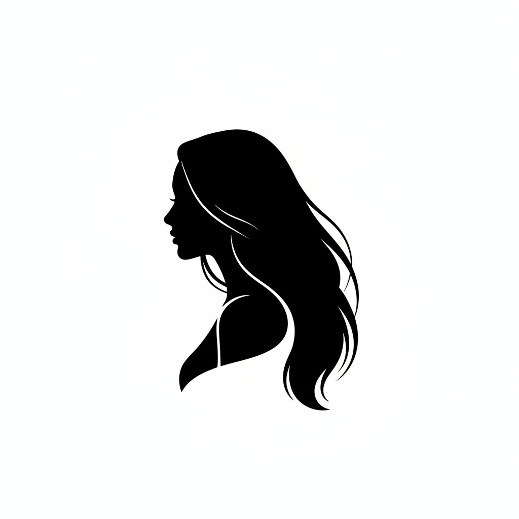 Silueta negra de perfil de una mujer con cabello largo y ondulado sobre un fondo blanco.